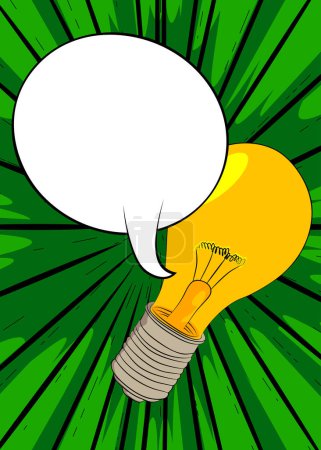 Illustration for Cartoon Light Bulb with blank speech bubble, comic book Ideas background. Retro vector comics pop art design. - Royalty Free Image