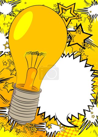 Ilustración de Bombilla de luz de dibujos animados con burbuja de habla en blanco, cómic Ideas fondo. Diseño de arte pop retro vector cómics. - Imagen libre de derechos