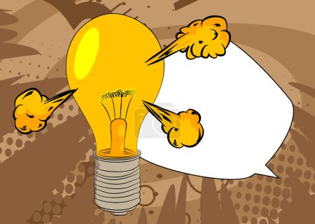 Illustration for Cartoon Light Bulb with blank speech bubble, comic book Ideas background. Retro vector comics pop art design. - Royalty Free Image