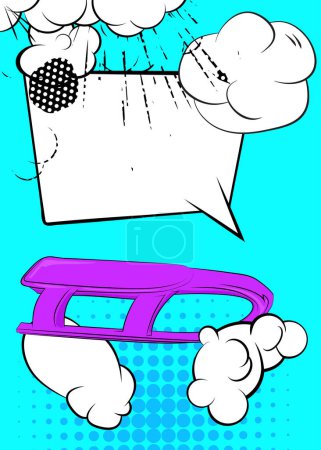 Illustration for Cartoon Sled with blank speech bubble, comic book Toboggan background. Retro vector comics pop art design. - Royalty Free Image