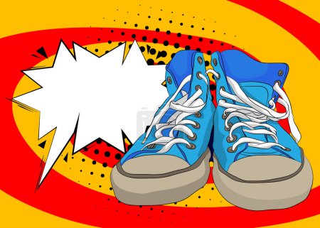 Illustration for Cartoon vintage Sneakers with blank speech bubble, comic book Trainers Shoe background. Retro vector comics pop art design. - Royalty Free Image