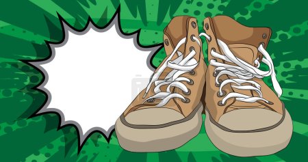 Illustration for Cartoon vintage Sneakers with blank speech bubble, comic book Trainers Shoe background. Retro vector comics pop art design. - Royalty Free Image