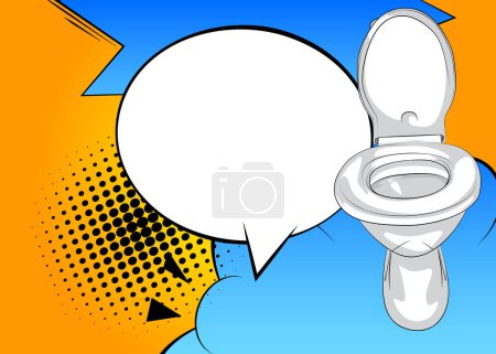 Téléchargez les illustrations : Toilettes à chasse d'eau avec bulle de discours vierge, bande dessinée Fond de salle de bains. BD vectorielles rétro pop art design. - en licence libre de droit
