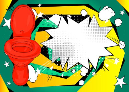 Téléchargez les illustrations : Toilettes à chasse d'eau avec bulle de discours vierge, bande dessinée Fond de salle de bains. BD vectorielles rétro pop art design. - en licence libre de droit