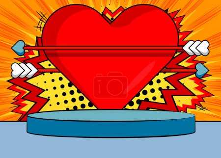 Ilustración de Comic Book Etapa del podio del producto para la presentación de maqueta con Arrow Heart. Retro cómics Día de San Valentín Símbolo de fondo. - Imagen libre de derechos