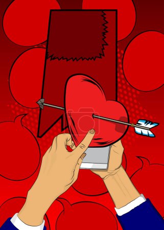 Téléchargez les illustrations : Smartphone de bande dessinée, bande dessinée Téléphone avec Arrow Heart. BD vectorielles rétro pop art Mobile Saint-Valentin design. - en licence libre de droit