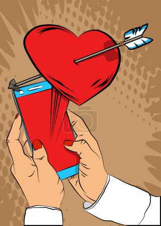 Téléchargez les illustrations : Smartphone de bande dessinée, bande dessinée Téléphone avec Arrow Heart. BD vectorielles rétro pop art Mobile Saint-Valentin design. - en licence libre de droit
