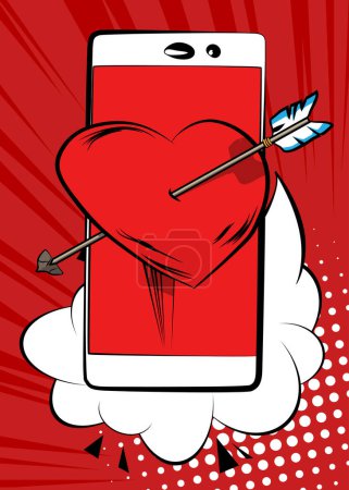 Ilustración de Smartphone de dibujos animados, cómic Teléfono con corazón de flecha. Retro vector cómics pop art Mobile diseño de San Valentín. - Imagen libre de derechos