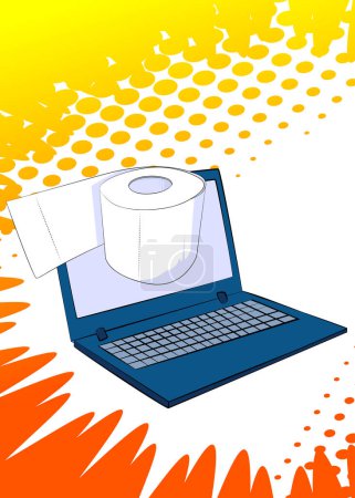 Illustration for Cartoon Laptop Toilet Paper, comic book Notebook Hygiene Accessory. Retro vector comics pop art design. - Royalty Free Image
