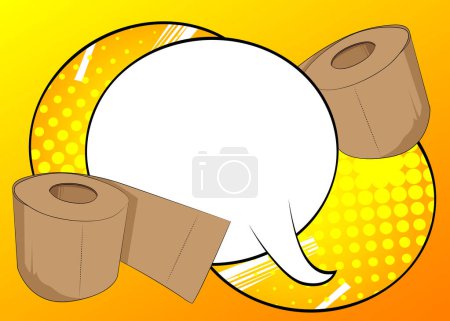 Téléchargez les illustrations : Papier toilette dessin animé avec bulle de parole vierge, bande dessinée Salle de bain Hygiène Fond accessoire. BD vectorielles rétro pop art design. - en licence libre de droit