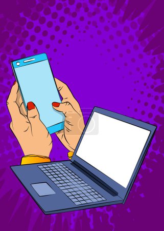 Illustration for Cartoon Smartphone, comic book Telephone with Laptop. Retro vector comics pop art design. - Royalty Free Image