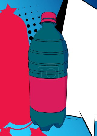 Téléchargez les illustrations : Bouteille d'eau de bande dessinée, récipient de boisson en plastique de bande dessinée. BD vectorielles rétro pop art design. - en licence libre de droit