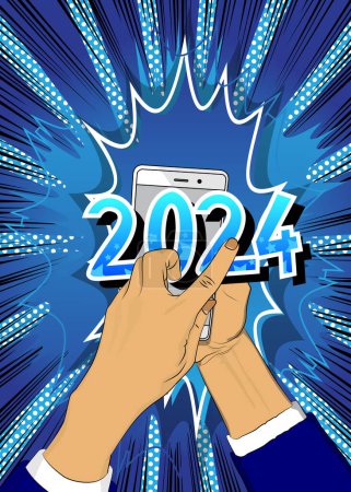 Ilustración de Smartphone de dibujos animados, cómic Teléfono con el número 2024. Diseño de arte pop retro vector cómics. - Imagen libre de derechos