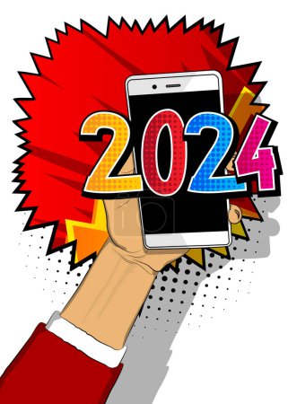 Ilustración de Smartphone de dibujos animados, cómic Teléfono con el número 2024. Diseño de arte pop retro vector cómics. - Imagen libre de derechos