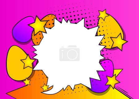 Illustration for Cartoon Easter Eggs with blank speech bubble, comic book Holiday Invitation background. Retro vector comics pop art design. - Royalty Free Image