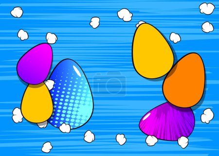 Illustration for Cartoon Easter eggs, comic book Festive background. Retro vector comics pop art design. - Royalty Free Image