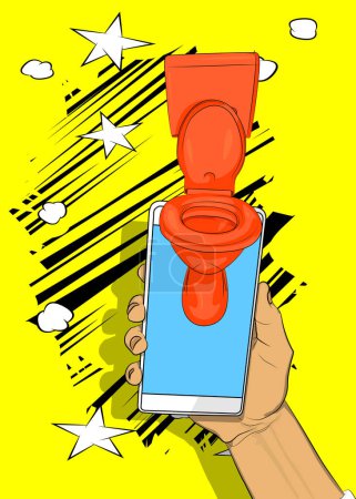 Ilustración de Smartphone de dibujos animados, cómic Teléfono con WC. Diseño de arte pop retro vector cómics. - Imagen libre de derechos