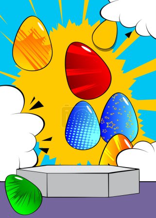 Ilustración de Comic Book Etapa del podio del producto para la presentación de maqueta con huevos de Pascua. Fondo de cómics retro. - Imagen libre de derechos