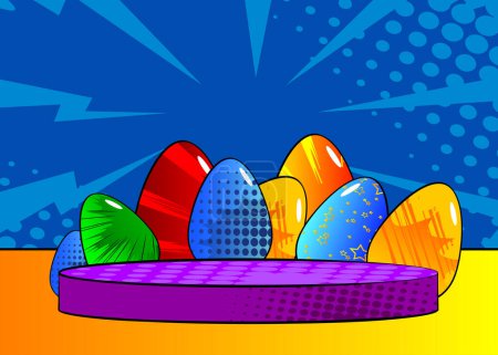 Ilustración de Comic Book Etapa del podio del producto para la presentación de maqueta con huevos de Pascua. Fondo de cómics retro. - Imagen libre de derechos