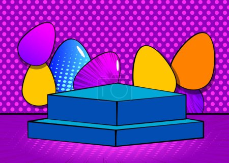 Illustration for Comic Book Product podium stage for mockup presentation with Easter Eggs. Retro comics background. - Royalty Free Image