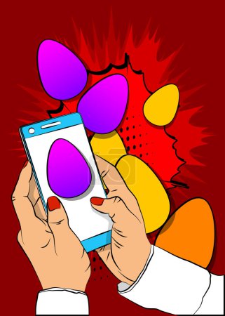 Ilustración de Smartphone de dibujos animados, cómic Teléfono con huevos de Pascua. Diseño de arte pop retro vector cómics. - Imagen libre de derechos