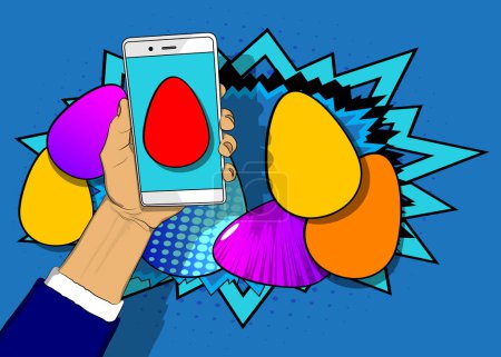 Ilustración de Smartphone de dibujos animados, cómic Teléfono con huevos de Pascua. Diseño de arte pop retro vector cómics. - Imagen libre de derechos