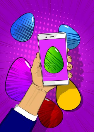 Illustration for Cartoon Smartphone, comic book Telephone with Easter eggs. Retro vector comics pop art design. - Royalty Free Image