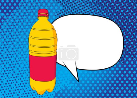 Ilustración de Botella de mascota de dibujos animados con burbuja de habla en blanco, fondo de agua potable de cómic. Diseño de arte pop retro vector cómics. - Imagen libre de derechos