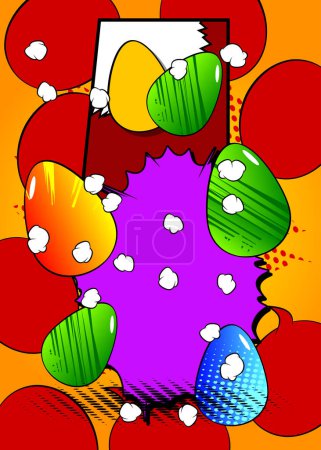 Ilustración de Huevos de Pascua de dibujos animados, fondo de vacaciones de cómics. Diseño de arte pop retro vector cómics. - Imagen libre de derechos