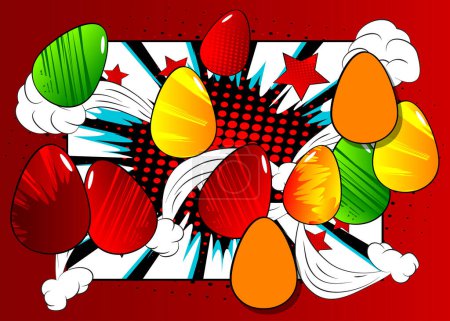 Illustration for Cartoon Easter eggs, comic book holiday background. Retro vector comics pop art design. - Royalty Free Image