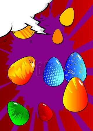 Ilustración de Huevos de Pascua de dibujos animados, fondo de vacaciones de cómics. Diseño de arte pop retro vector cómics. - Imagen libre de derechos