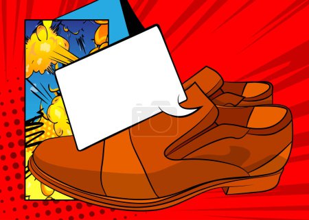 Ilustración de Zapatos elegantes de la historieta con burbuja del discurso en blanco, fondo del calzado de cuero del cómic. Diseño de arte pop retro vector cómics. - Imagen libre de derechos