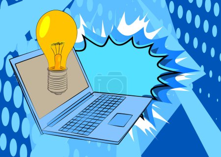 Illustration for Cartoon Laptop, comic book Notebook with Light Bulb. Retro vector comics pop art design. - Royalty Free Image