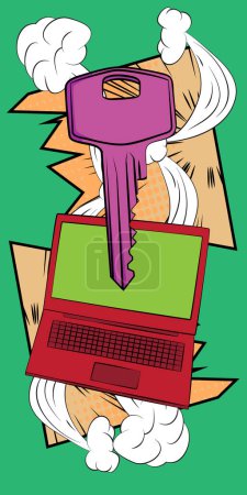 Illustration for Cartoon Laptop, comic book Notebook with Key. Retro vector comics pop art design. - Royalty Free Image