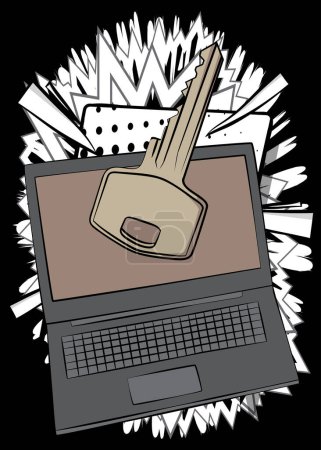 Ilustración de Cartoon Laptop, cómic Cuaderno con llave. Diseño de arte pop retro vector cómics. - Imagen libre de derechos