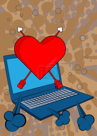 Téléchargez les illustrations : Cartoon Laptop, BD Notebook with Heart, Symbole de la Saint Valentin. BD vectorielles rétro pop art design. - en licence libre de droit