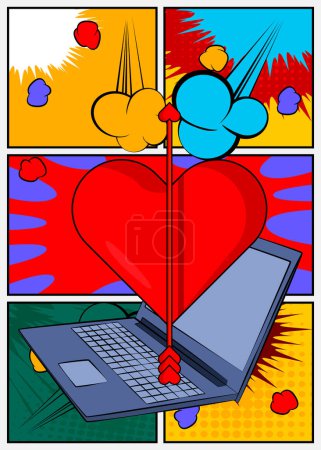 Ilustración de Portátil de dibujos animados, cómic Cuaderno con corazón, Símbolo del Día de San Valentín. Diseño de arte pop retro vector cómics. - Imagen libre de derechos