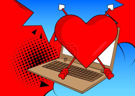 Ilustración de Portátil de dibujos animados, cómic Cuaderno con corazón, Símbolo del Día de San Valentín. Diseño de arte pop retro vector cómics. - Imagen libre de derechos