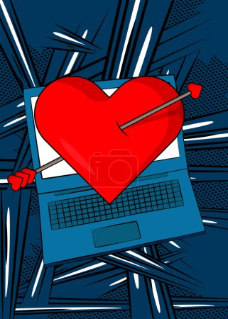Illustration for Cartoon Laptop, comic book Notebook with Heart, Valentine's Day Symbol. Retro vector comics pop art design. - Royalty Free Image