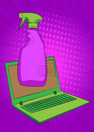 Ilustración de Computadora portátil de dibujos animados, Cuaderno de cómics con lavadora de ventanas, Producto de limpieza. Diseño de arte pop retro vector cómics. - Imagen libre de derechos