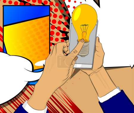 Illustration for Cartoon Smartphone, comic book Telephone with Light Bulb. Retro vector comics pop art design. - Royalty Free Image