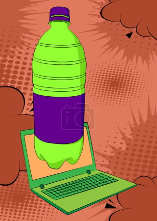 Ilustración de Cartoon Laptop, cómic Cuaderno con botella de agua. Diseño de arte pop retro vector cómics. - Imagen libre de derechos