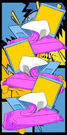 Cartoon Laptop, cómic Notebook with Wet Wipe. Diseño de arte pop retro vector cómics.