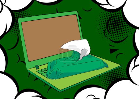 Illustration for Cartoon Laptop, comic book Notebook with Wet Wipe. Retro vector comics pop art design. - Royalty Free Image