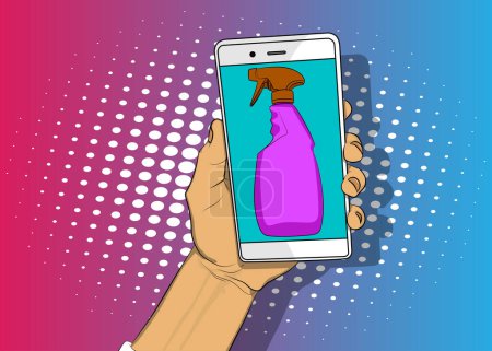 Ilustración de Smartphone de dibujos animados, cómic Teléfono con lavadora de ventanas, producto de limpieza. Diseño de arte pop retro vector cómics. - Imagen libre de derechos