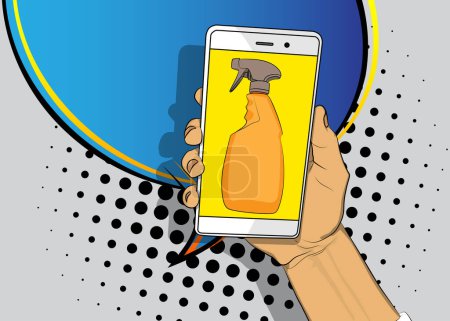 Illustration for Cartoon Smartphone, comic book Telephone with Window Washer, Cleaning Product. Retro vector comics pop art design. - Royalty Free Image