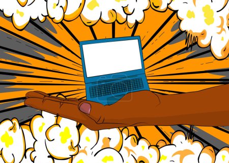 Ilustración de Cartoon, comic book human hands holding Laptop. Retro vector comics pop art design. - Imagen libre de derechos