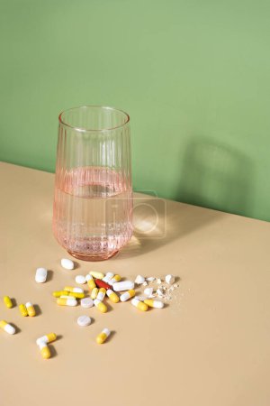 Photo for Glass of water and bunch of pills on a table. Well-being and medicine concept - Royalty Free Image