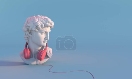 David Skulptur trägt Kopfhörer um den Hals. 3D-Renderer. Kopierraum für Text