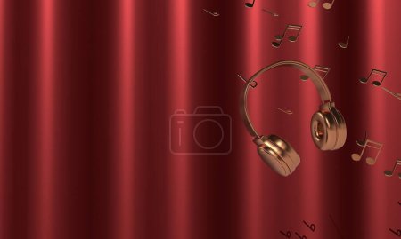 Photo for Gold headphones and musical notes on satin red background. Copy space for text. 3D render - Royalty Free Image